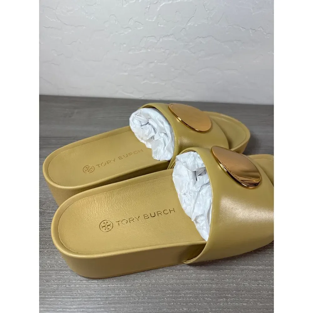 Tory Burch Sandals 9.5 Womens Cornbread Yellow Patos Leather‎ Slip-On Platform